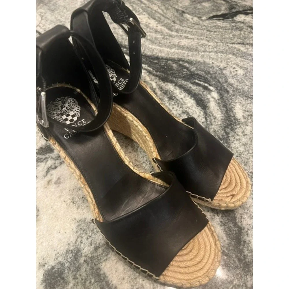 Vince Camuto Espadrille Wedge Sandals Womens Black Leather Ankle Strap Size 10